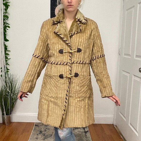 Y2K Vintage Collar Neck Button-Up Long Coat Long Sleeve Size M Khaki - Picture 1 of 16
